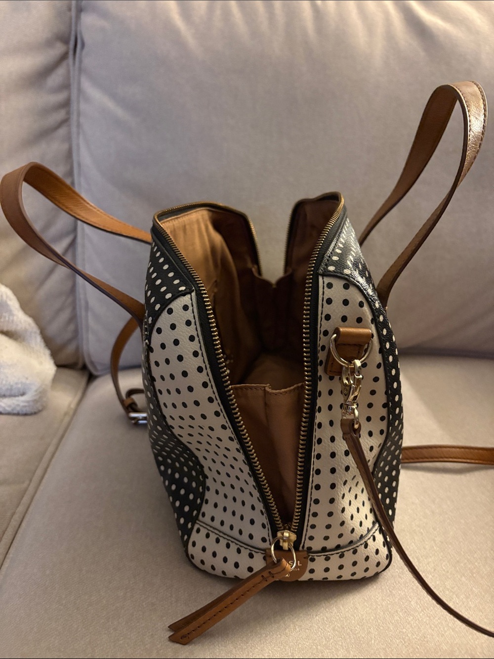 Fossil Black and White Polka Dot Crossbody with Tan Trim - Picture 4 of 8